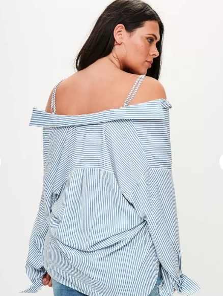 Missguided Curve Striped Cold Shoulder Shirt Plus Size Curvy Off the Shoulder Button Up Down