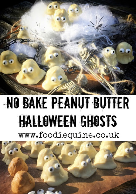 www.foodiequine.co.uk Spooky but Cute, these Ghostly no bake treats are perfect for Halloween. Featuring peanut butter, white chocolate and edible eyes they are ideal for Halloween Parties and Trick or Treat.