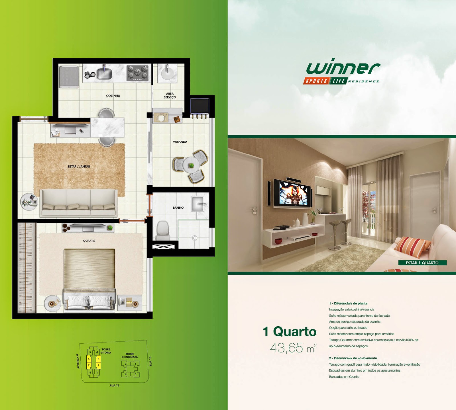 IMOVELAVENDAGOIANIA WINNER SPORTS LIFE RESIDENCE 3Q de 75m² / 2Q de 63m² / 1Q de 43m³
