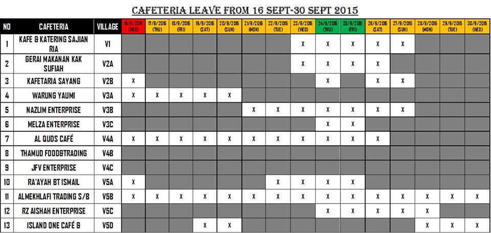 Schedule for Cafeteria Leave (16th Sep - 30th Sep 2015) Schedule for Cafeteria Leave (16th Sep - 30th Sep 2015)
