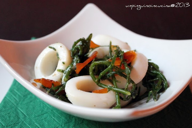 insalata di totani, asparagi di mare e bottarga