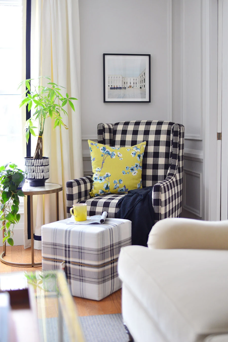 spring decorations for the home, spring decor ideas for the living room, easter decor, traditional living room, buffalo plaid armchair