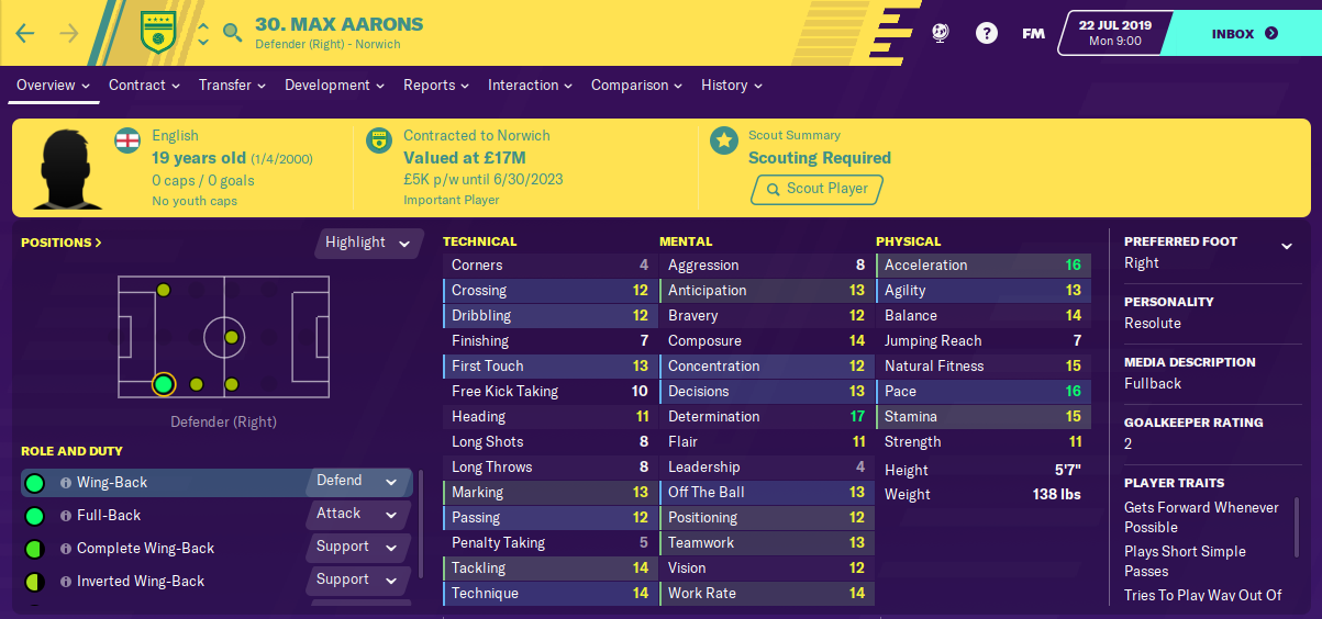 Max Aarons: Starting Attributes in FM2020 Max Aarons: Starting Attributes in FM2020