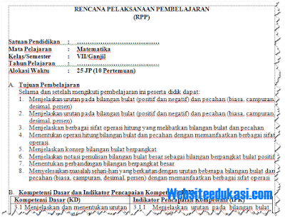 Rpp Matematika Kelas 7 Smp Mts K13 Revisi 2019