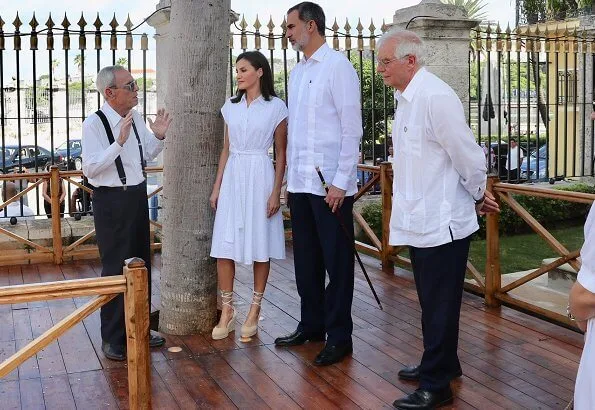 Queen Letizia wore Adolfo Dominguez embroidered cotton dress with belt. Letizia wore a new aquamarine blue midi dress