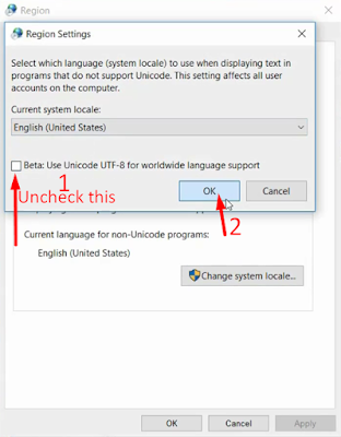Uncheck the Beta: Use Unicode UTF-8 for worldwide language support, and hit OK Uncheck the Beta: Use Unicode UTF-8 for worldwide language support, and hit OK