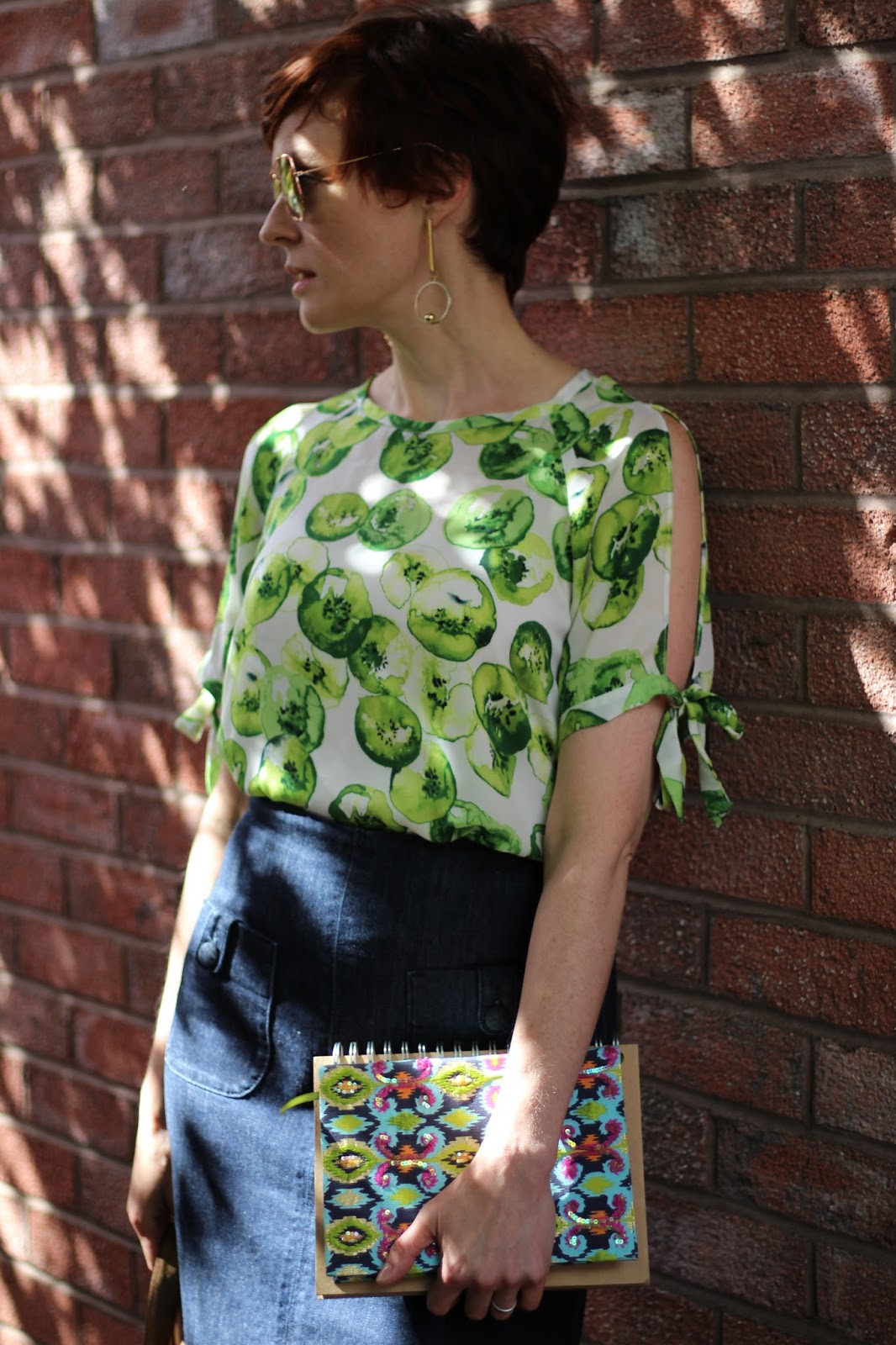 Denim A-line Skirt, Green and White Split Sleeve Blouse, Clarks Buckle Sandals | Fake Fabulous