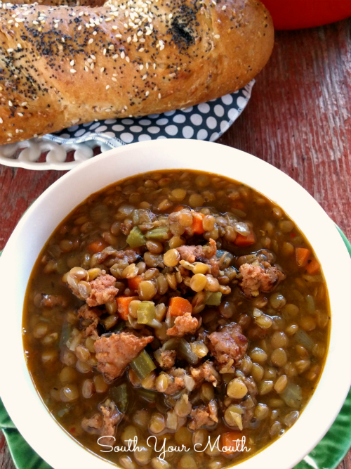 Lentil soup with spicy Italian sausage loaded with lots of garlic and herbs. Tastes just like Carrabba’s Spicy Sausage and Lentil Soup recipe.