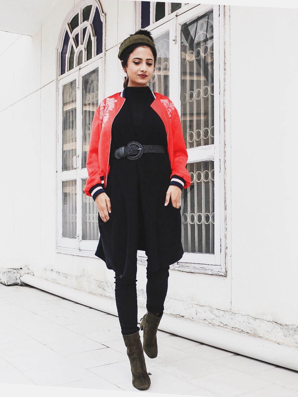 timeless classic, how to make a timeless classic look fresh, classic outfit, red bomber jacket, style bomber jacket, modern classic, colours with black, sock boots, ankle sock boots, khaki ankle boots, style beanie, beanie outfit, belting, top indian blog, uk blog, london blog, indian luxury blog, indian style guru, style ankle boots, quiz clothing, quiz clothing review, quiz clothing shoes, parisian chic, parisian look, effortless chic, top street style, blogger outfit, 2016 top street style, london street style, uk street style, indian street style, winter fashion, 2016 winter style, wear a vest, wear a gillet, black outfit ideas, bright in winter, 