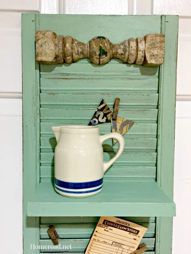 vintage shutter shelf with pitcher