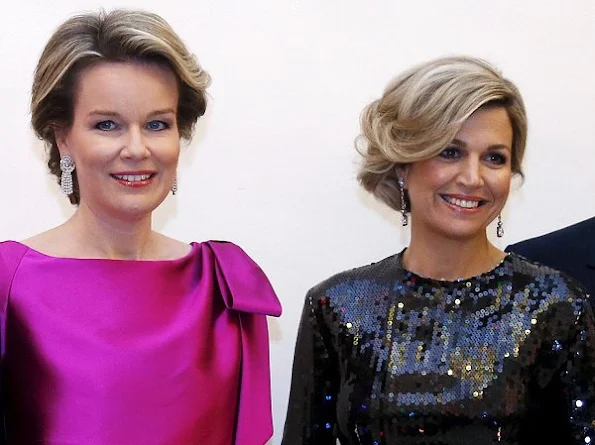 Queen Maxima and Queen Mathilde style, fahons, Nina Ricci Sequinned Dress, Natan Dress, Prada clutch bag, Banana Republic dress