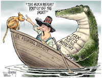 comic taxpayer in boat with large tax breaks for industry gator while ordering tiny social programs cat overboard