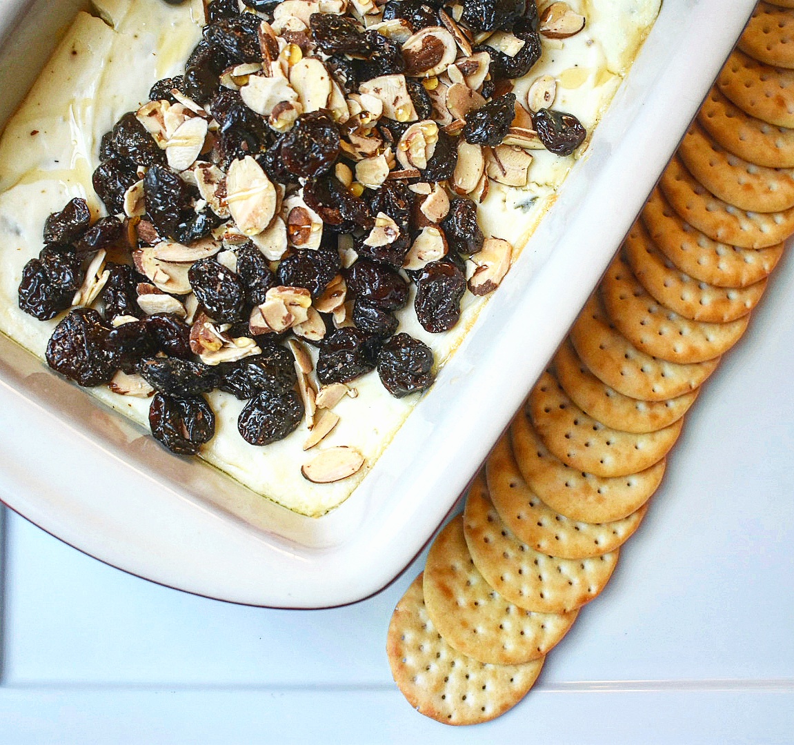 Baked Jalapeño Goat Cheese Dip with Dried Cherry and Toasted Almond