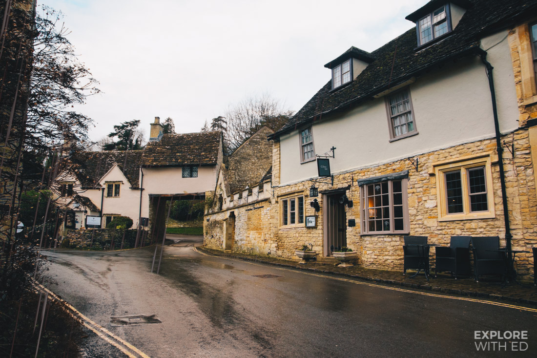 The Castle Inn Pub and Hotel in Castle Combe on rainy day
