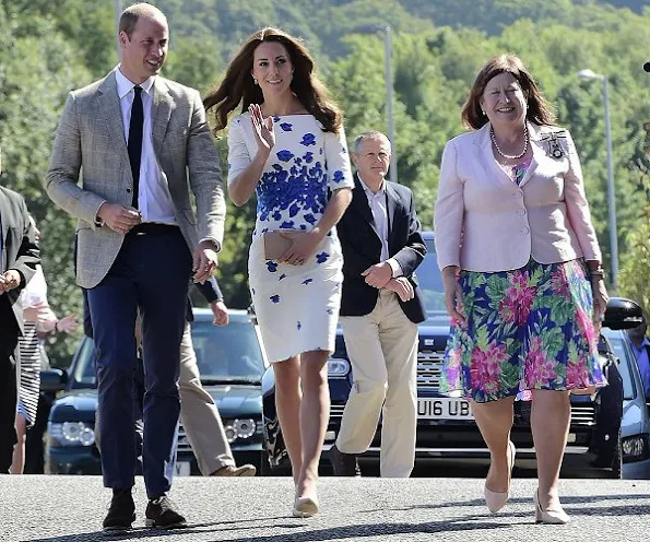 Kete Middleton and Prince William visit Luton. Kete Middleton wore LK. Bennett Lasa dress, and Clutch and Pumps - shoes