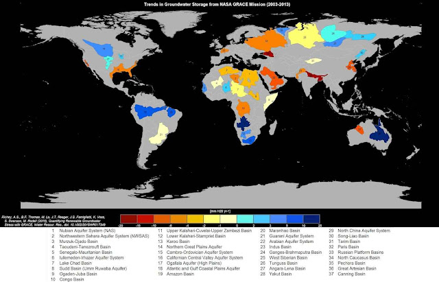 Grandes aquíferos conhecidos no mundo, segundo a NASA.