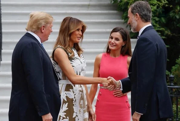 Queen Letizia wore Michael Kors button detail stretch wool dress.President Donald Trump. First Lady Melania Trump wore print dress