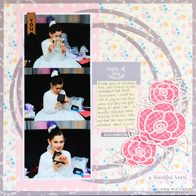 First Holy Communion Scrapbook Page by Juliana Michaels using A Rose Is A Rose Free Digital Cut File and Elle's Studio Thankful collection.