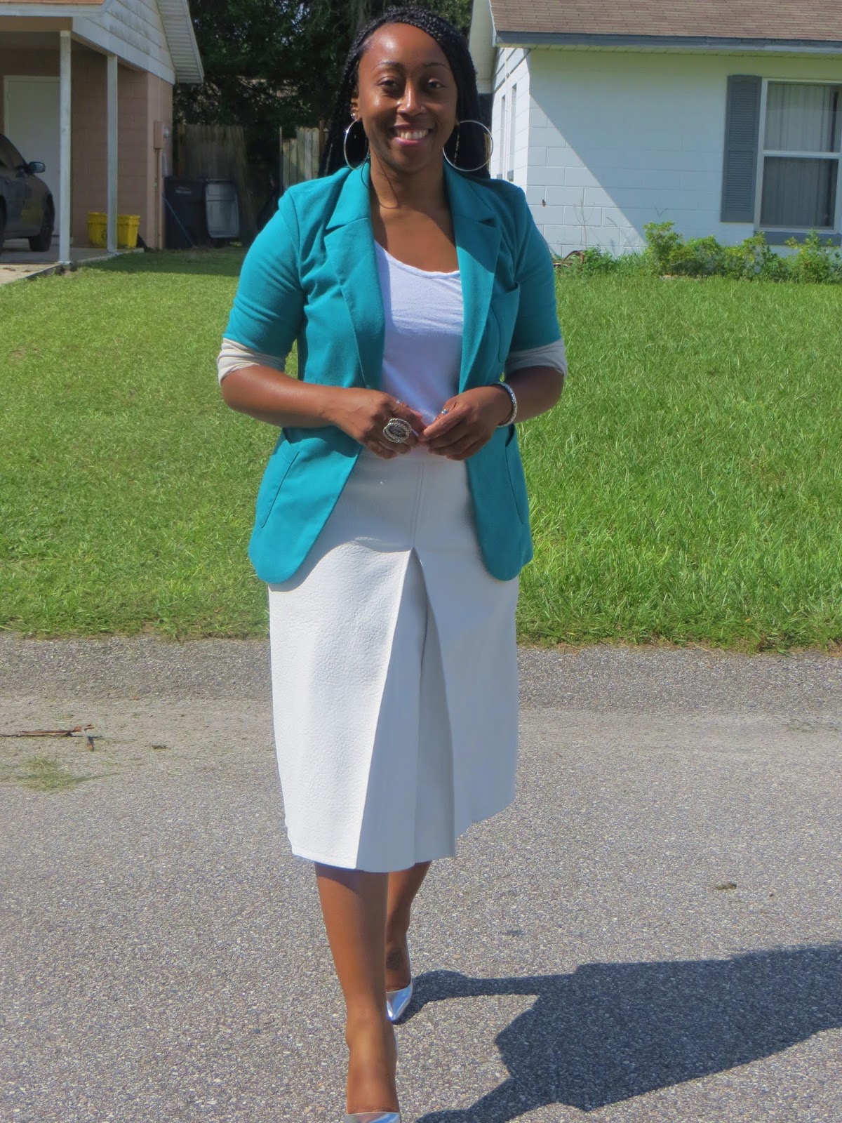 Outfit: Teal Blazer and Faux Leather Midi Skirt