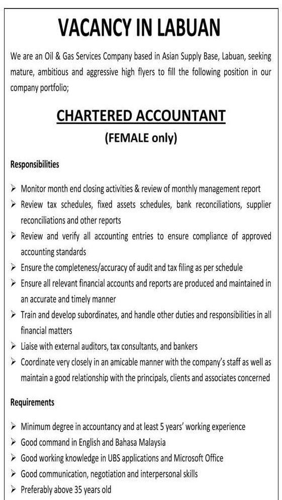 Oil Gas Vacancies Chartered Accountant Labuan
