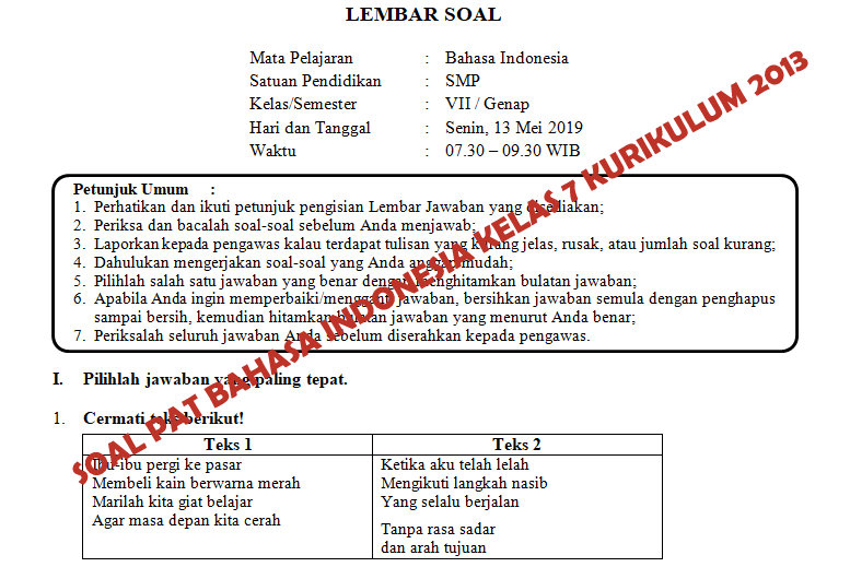 Soal Dan Kunci Jawaban Pat Bahasa Indonesia Smp Kelas 7 Kurikulum 2013 Tahun Pelajaran 2018 2019 Didno76 Com