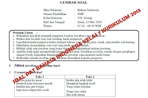 Soal dan Kunci Jawaban PAT Bahasa Indonesia SMP Kelas 7 Kurikulum 2013 Tahun Pelajaran 2018/2019    