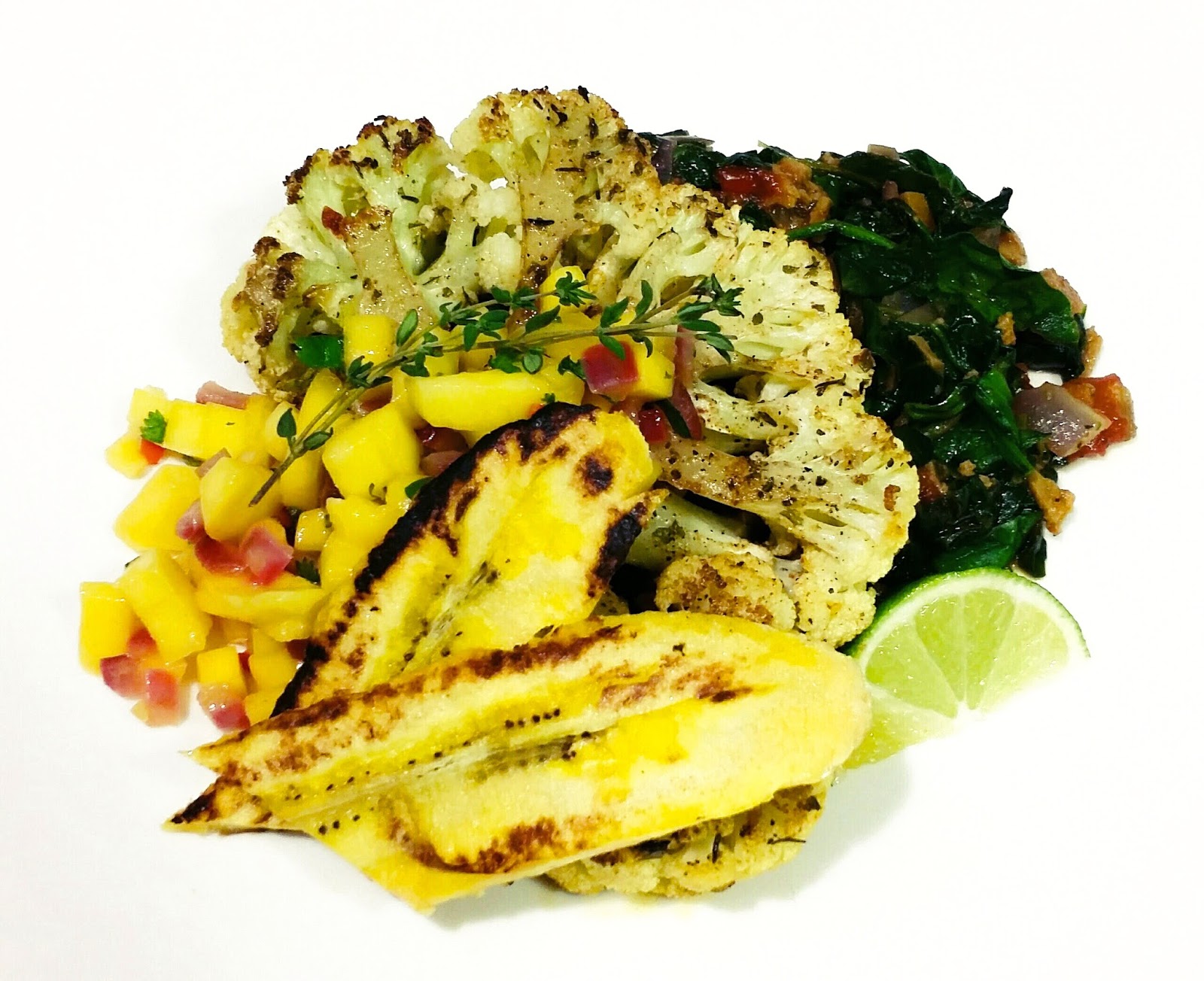 salty elephant Jerk Cauliflower Steaks + Callaloo + Plantains + Mango Salsa