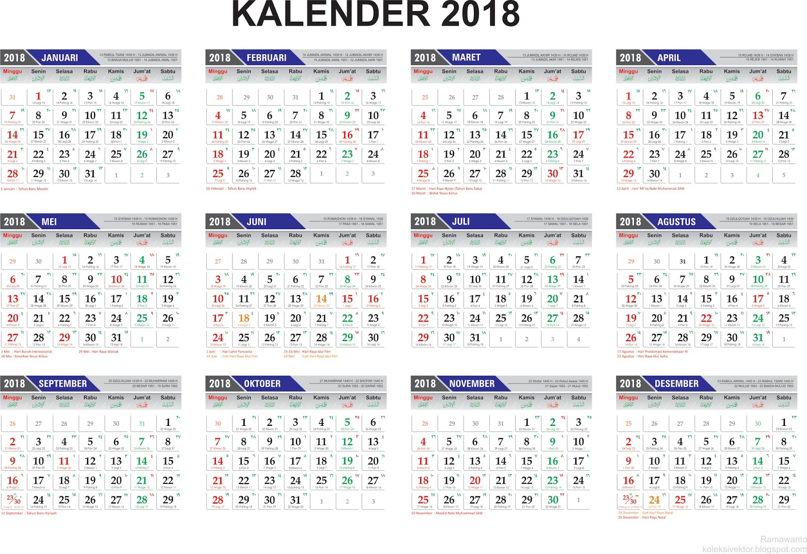Template Penanggalan Kalender 2018