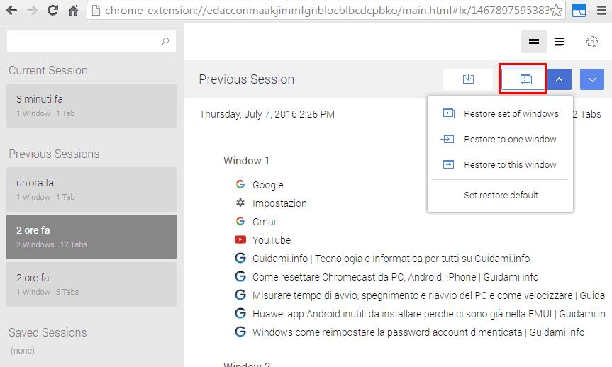 Chrome riaprire le schede dell'ultima sessione con Session Buddy
