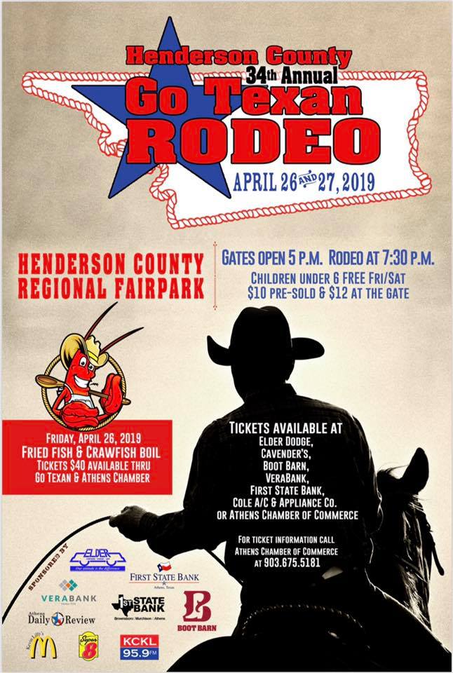 BBQ contest and Fried Fish and Crawfish Boil featured at Henderson County's 34th annual Go Texan Rodeo