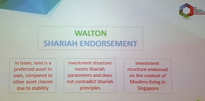 Walton's shari'ah endorsement is based on land being a preferred assset in Islam; that the investment structure meets shari'ah parameters; and the investment structure is considered in the context of Muslims living in Singapore.