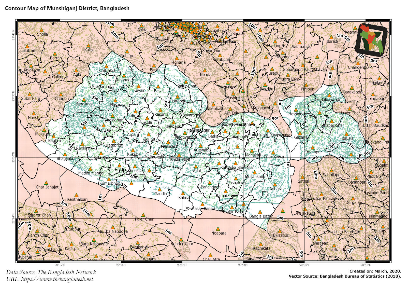 Elevation Map of Munshiganj District of Bangladesh