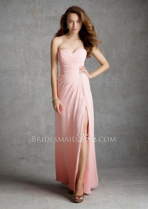 Pink Chiffon Strapless Sweetheart Floor Length Split A-line Bridesmaid Dress-2