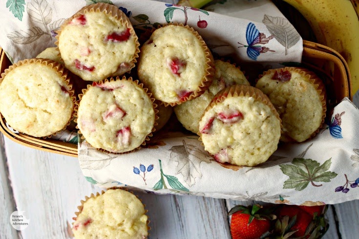 Lower Fat Banana Strawberry Muffins | Renee's Kitchen Adventures - Moist, healthy, diet friendly muffins for breakfast or any time you crave a little sweet treat. 