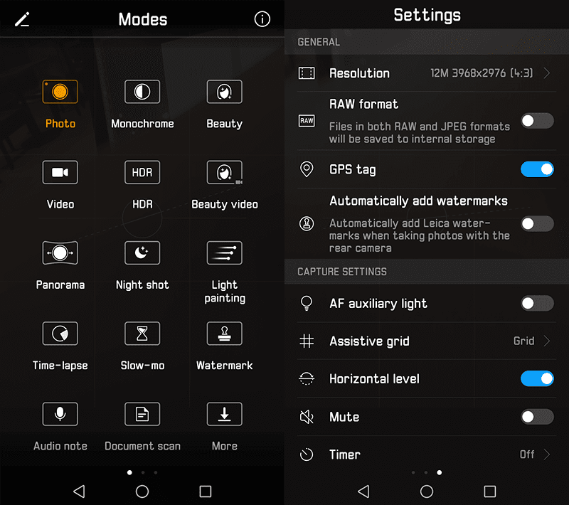 The main camera modes and features