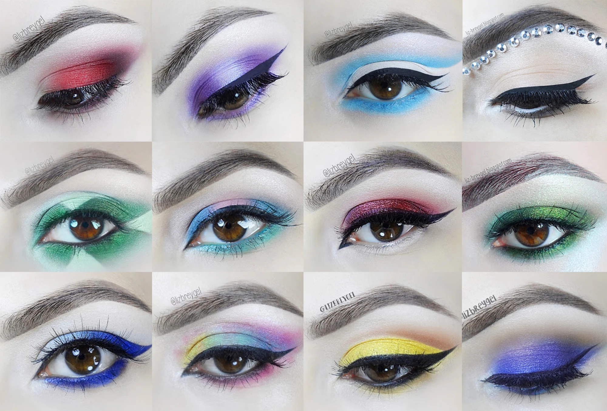collage with 12 beautiful eye looks inspured by birthstones
