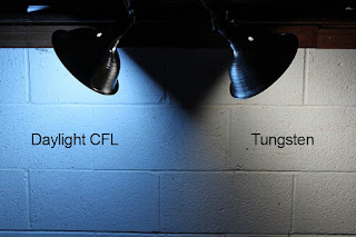 Tungsten lights mixed with fluorescent, shot with tungsten white balance