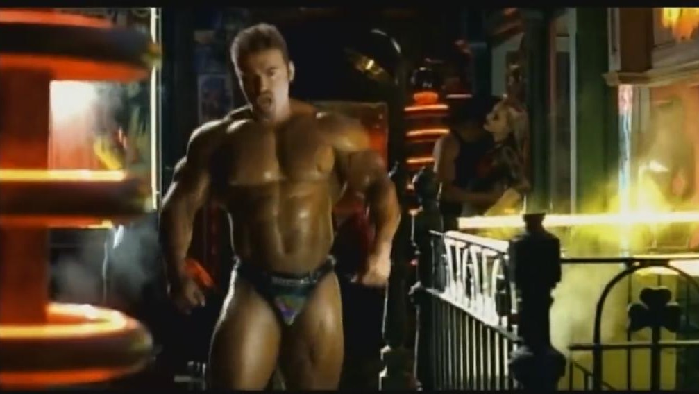 George Michael as a roided muscle bull in the video for Freeek.