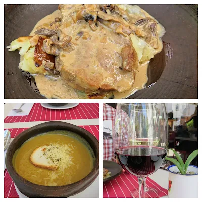 Collage of a 2 course lunch with wine served at Mulato in the Lasterria neighborhood of Santiago Chile