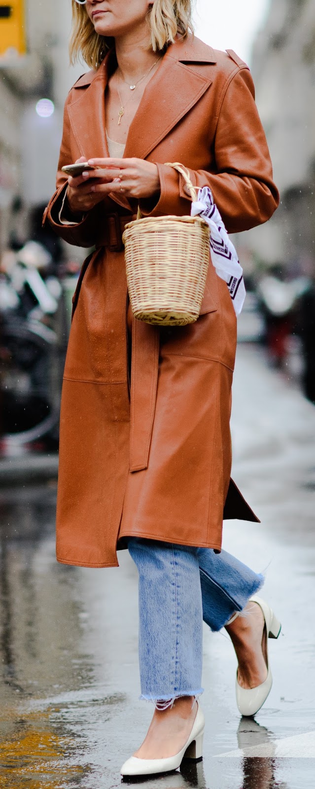 how to wear with a brown leather coat : bag + jeans + heels