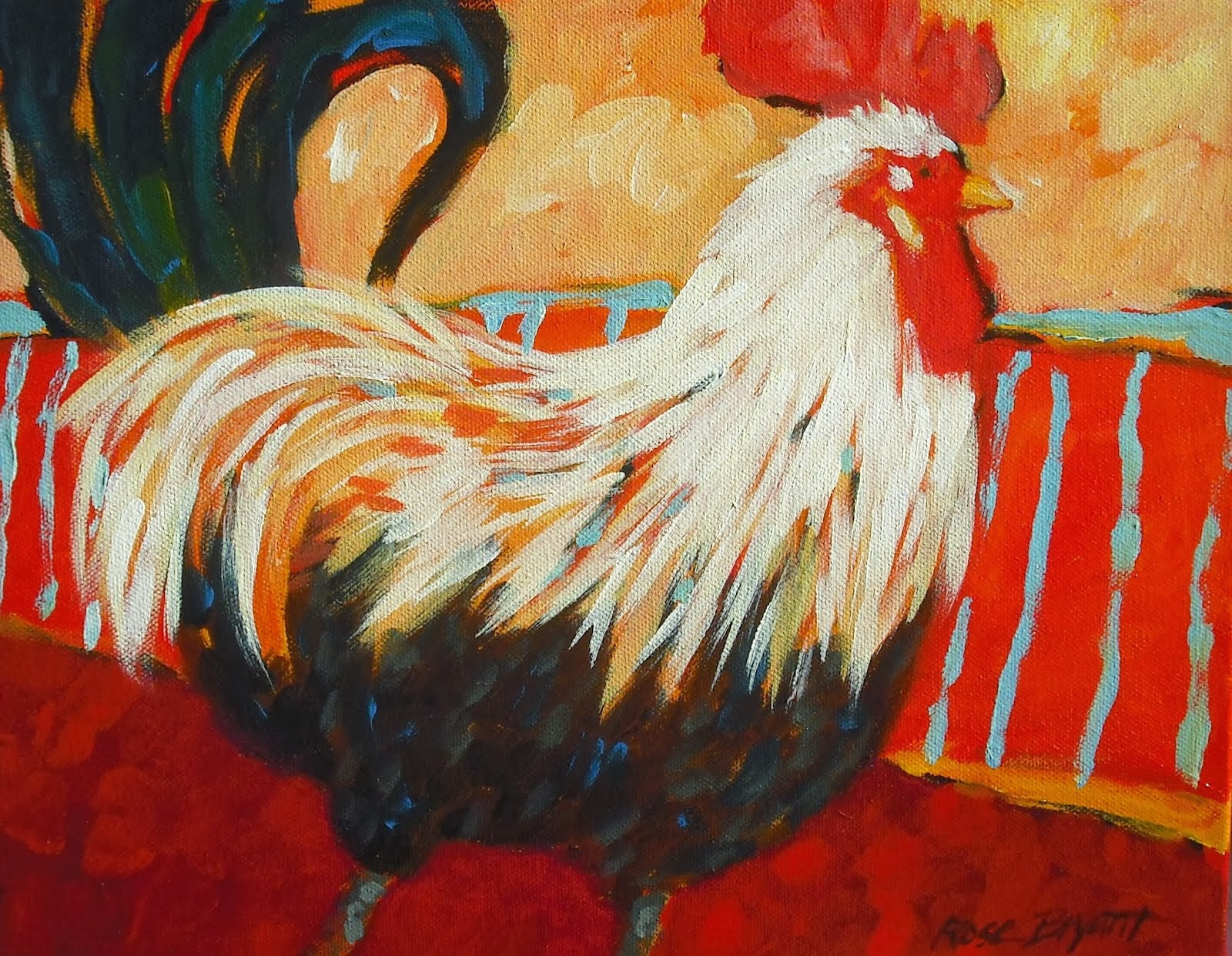 Rooster at the Blue Fence