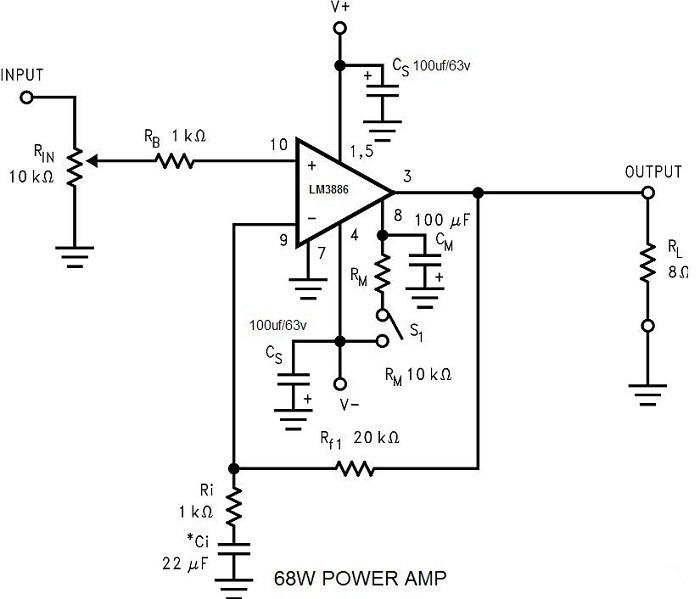 LM3886 Power Amplifier 68W - Electronic Circuit Schematic Wiring Diagram