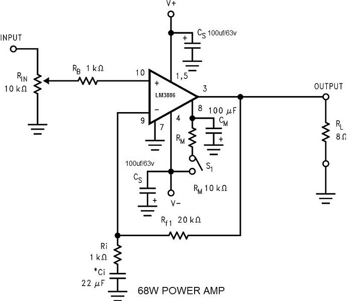 LM3886 Power Amplifier 68W - Electronic Circuit Schematic ...