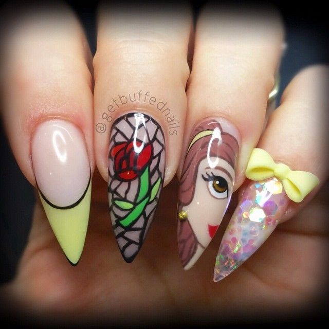 Beauty The Beast Inspired Nail Art Ideas You Must Try Belle Red Rose And Yellow Ribbon Nail Art
