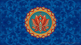 Colorful Lotus Flower Mandala With Blue Vines And Flourishes Background Ornament