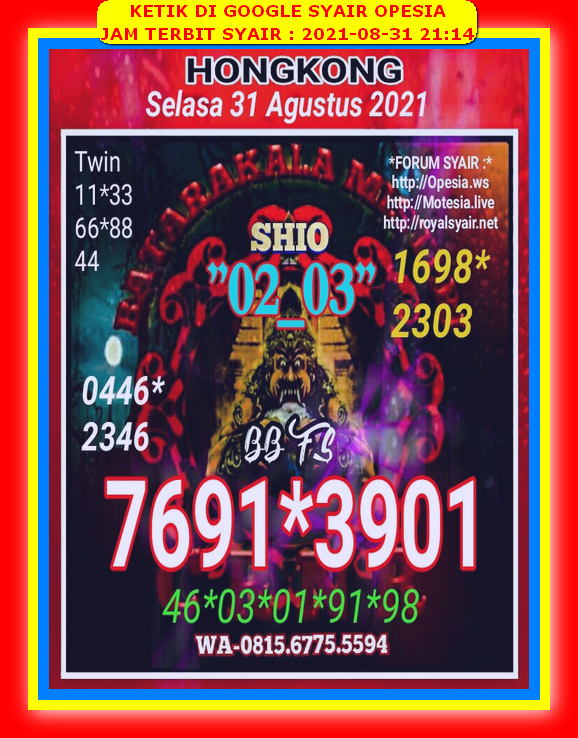 Syair Hk Hari Ini Selasa 31 Agustus 2021 Opesia Official
