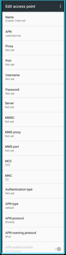 New Exetel APN Settings android