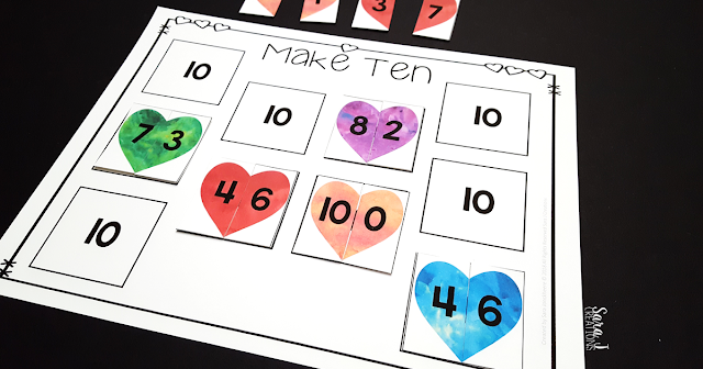 Hearts Make Ten Game is the perfect FREEBIE for practicing combinations of numbers that add up to 10. Ideal for #kindergarten #mathcenters #sarajcreations