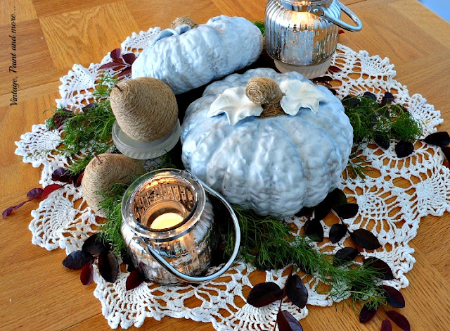 Vintage, Paint and more... DIY blue pumpkins, twine wrapped pears and vintage crochet doily for a Fall centerpiece
