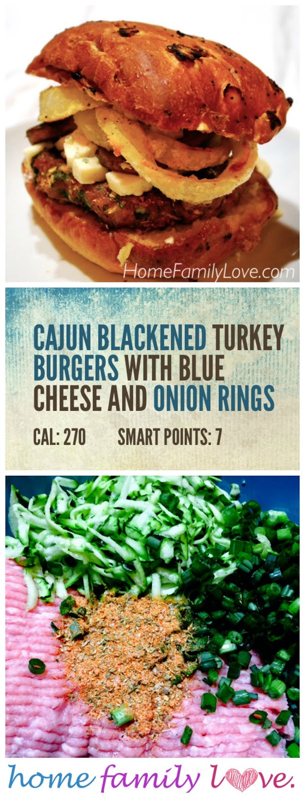 Cajun Blackened Turkey Burgers with Blue Cheese and Onion Rings Perfect weeknight dinner that is ready in 30 minutes.